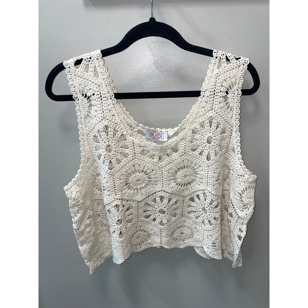 MoCo Boutique Cream Floral Crochet Crop Top Sleeveless Cotton Boho Vest Womens